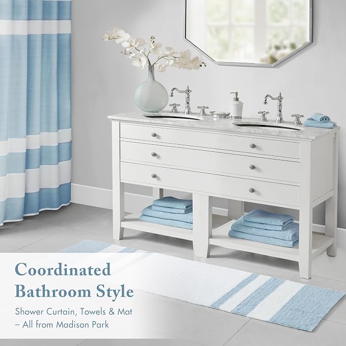 Madison Park Reversible Spa Rug 100%-Cotton Striped Ultra Soft Water Fast Bath Non-Slip Absorbent Quick Dry Mats for Tub, Shower Room, and Bathroom, 24"x72", Blue (MP72-6212) | Quick Dry, Ultra Soft, Pile, Machine Washable, Plush, OEKO-TEX Certified