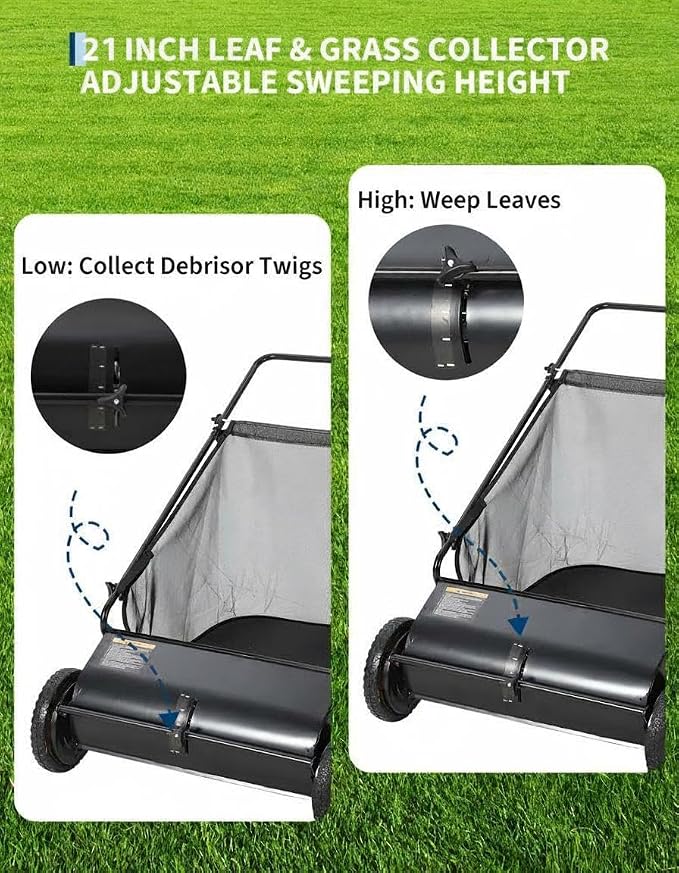 21-Inch Push Lawn Sweeper,7 Cu. Ft. Large Capacity Collection Bag | 4 Spinning Brushes, Adjustable Height, Durable Steel Frame with Rubber Wheels for Grass, Leaves,Debris On All Terrains