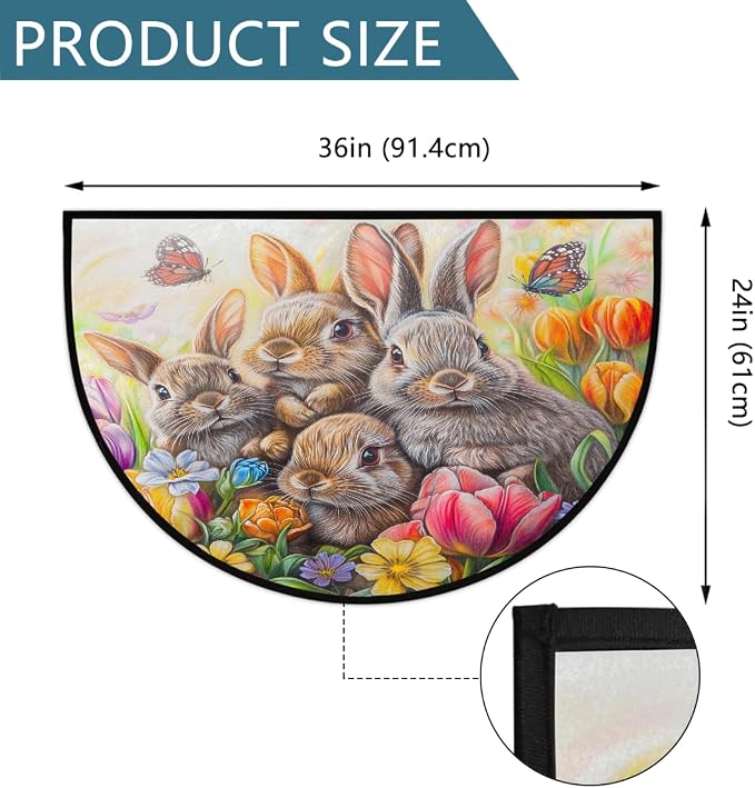 Easter Bunny Tulip Half Round Door Mat Non-Slip Semi Circle Rug Washable Half Moon Floor Rug Absorbent Bathroom Area Rugs for Outdoor Indoor Fireplace Mat Entryway Kitchen Decor Rugs