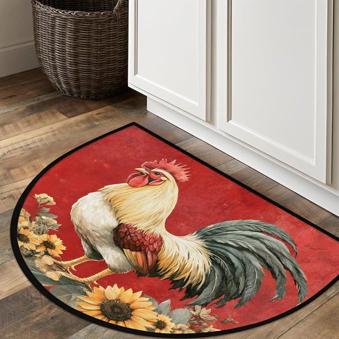 Pardick Half Round Door Mat Vintage Rooster Red Anti-Slip Semi Circle Rug 24X36 Indoor Door Mat Half Moon Bath Mats, Washable Decorative Welcome Floor Mats for Kitchen Bathroom Hearth Fireplace,Q-7