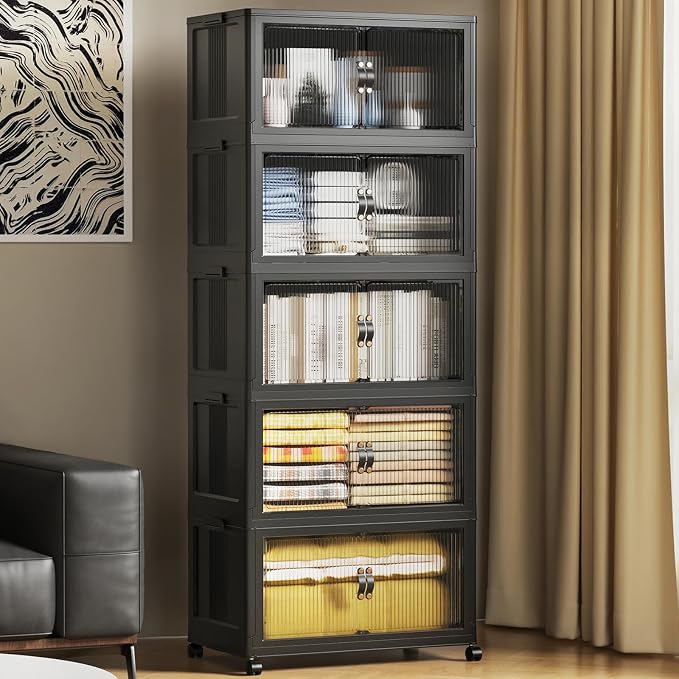 SAILUN 81Gal/325Qt Stackable Storage Bins Folding Collapsible Storage Bins with Lid, Closet Organizers and Storage Box with Door Black 22" W x 13" D x 62" H