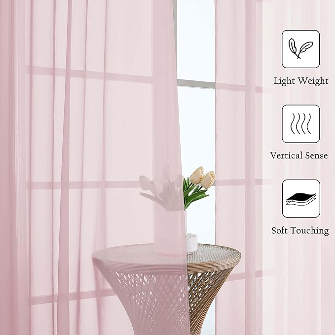 Lecloud Blush Pink Sheer Curtains 84 Inches Long 2 Pcs, Rod Pockets Breathable - Image 2