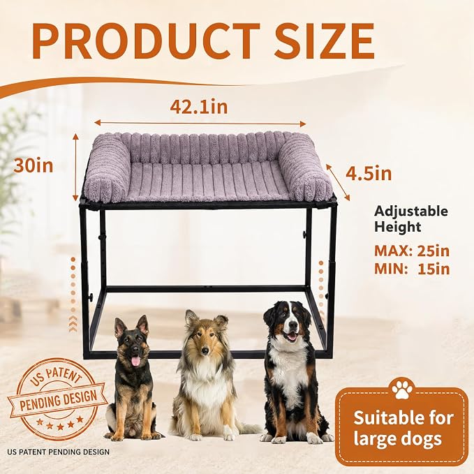 Adjustable Bedside Dog Bed for Extra Large Dogs, Elevated Co-Sleeper Dog Bed with Reinforced Metal Frame, Thick Supportive Cushion Mattress & Washable Cover, Dog Bedside Sleeper for Dogs & Cats
