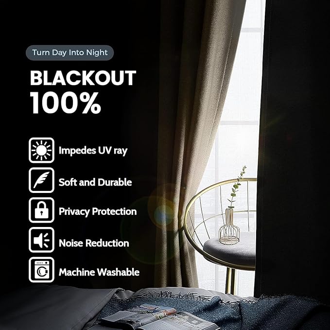 SimpleHome 100% Blackout Curtains for Bedroom,Thermal Insulated Beige Grommet Window Drapes Room Darkening Curtains for Living Room with Black Back,52 x 54 Inch,2 Panels