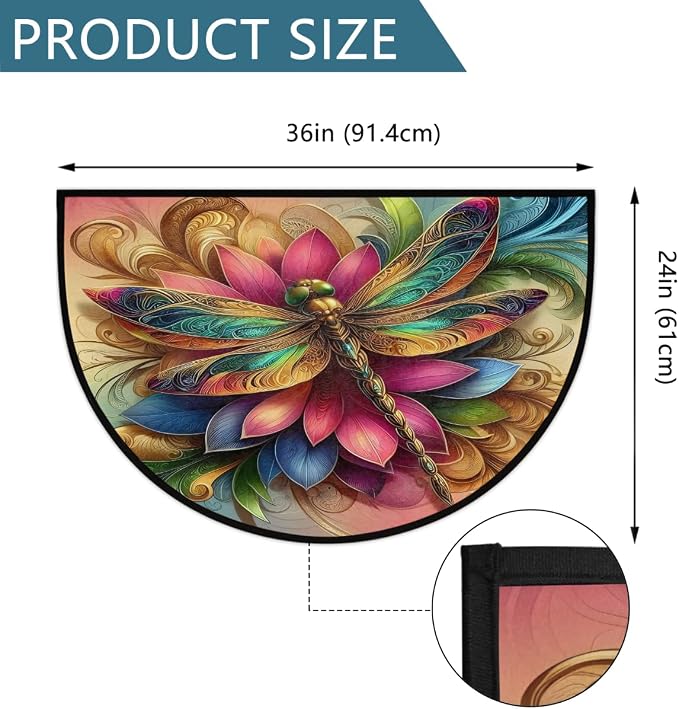 Pardick Half Round Doormat Dragonfly Flower Animal Semi Circle Rug Non Slip Indoor Outdoor Entrance Half Moon Rug Washable Front Floor Mat for Kitchen Bathroom Patio Fireplace Holiday Decor