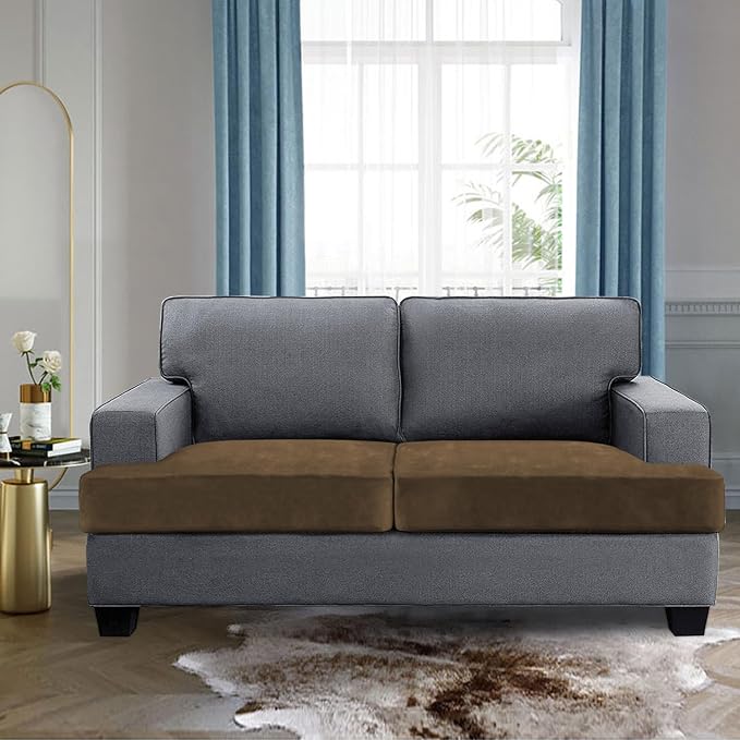 H.VERSAILTEX Stretch Velvet 2 Piece T Cushion Sofa Slipcovers for Living Room Individually Sofa Covers for 2 Cushion Seat Cushion Covers Stay with Elastic Bands (Sofa, Bronze Brown)