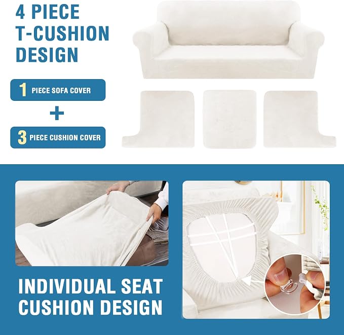 H.VERSAILTEX Sofa Cover 4 Piece T Cushion Sofa Slipcovers Thick Velvet Couch Cover Stretch T Cushion Sofa Covers for 3 Cushion Couch with 3 Individual T Cushion Covers, Porcelain White