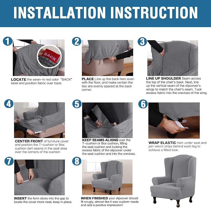 H.VERSAILTEX Wing Chair Slipcover Chair Covers for Wingback Chairs Wingback Chair Covers Slipcovers 1 Piece Stretch Sofa Cover Furniture Protector Soft Spandex Jacquard Checked Pattern, Dove