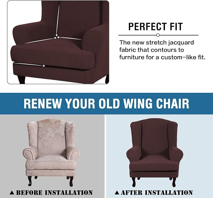 H.VERSAILTEX 2 Piece Stretch Jacquard Wingback Chair Covers Slipcovers Wing Chair Covers (Base Cover Plus Seat Cushion Cover) Furniture Covers for Wingback Chairs, Form Fitted Thick Soft, Chocolate