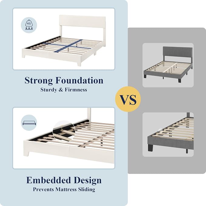 Allewie Full Size Upholstered Bed Frame Adjustable Headboard, White | Platform Bed with Heavy Duty Mattress Foundation, Noise-Free, Easy Assembly, Wood Slat Support, No Box Spring Needed
