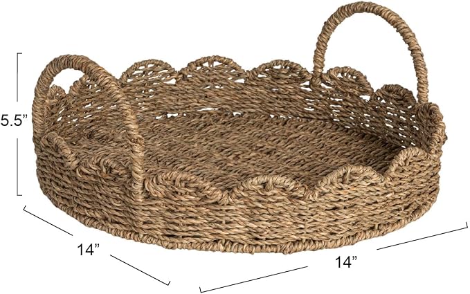 Household Essentials Round Handwoven Seagrass Tray with Scalloped Edge and Handles, Natural