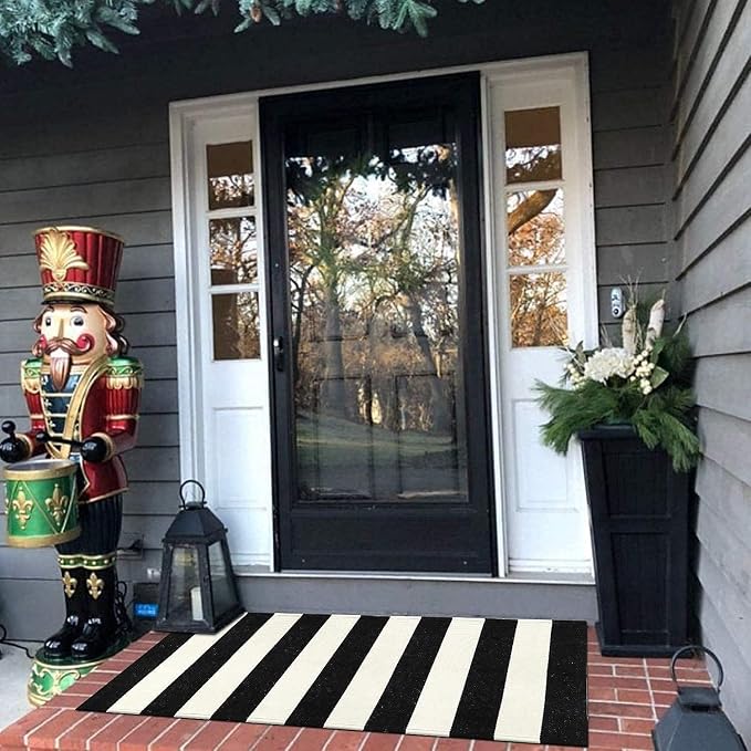 LEEVAN Black and White Striped Door Mat 2'x4' Washable Front Porch Rug Cotton Woven Reversible Rugs Farmhouse Black Outdoor Rug Indoor/Outdoor Welcome Doormat White Entryway Throw Rugs