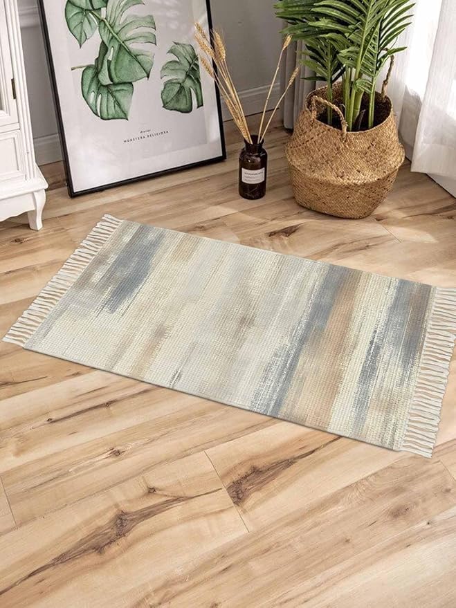 Beige Gray Brown Large Runner Rug 4X6 Ft Living Room Area Rug, Washable Woven Abstract Ombre Art Throw Carpet with Tassel, Non-Shedding Vintage Minimalist Gradient Aesthetic Bedroom Office Carpets