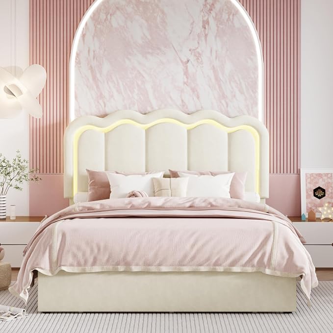SHA CERLIN Queen Size Bed Frame with LED Lights and Storage Drawer, Cream | Upholstered Velvet Platform Bed with Adjuatable Wavy Headboard, Noise-Free, Easy Assembly,No Box Spring Needed