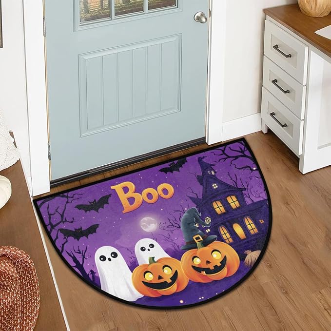 Halloween Half Round Door Mat Outdoor Doormat Bedroom Entrance Rug A1 | Halloween Pumpkin Ghosts Semi Moon Door Mat Non-Slip Absorbent Kitchen Rug Indoor Welcome Bath Mat 36" X 24"