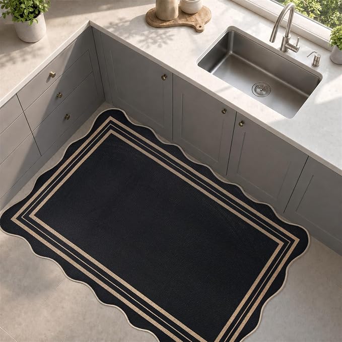 EDIMENS 2.6x4 Front Door Mat Easy Jute Scalloped Outdoor Small Entryway Rug | Non-Slip Washable Area Rug Low Pile Geometric Black Doormat Indoor Outdoor Farmhouse for Entrance Entry Front Porch Doorway