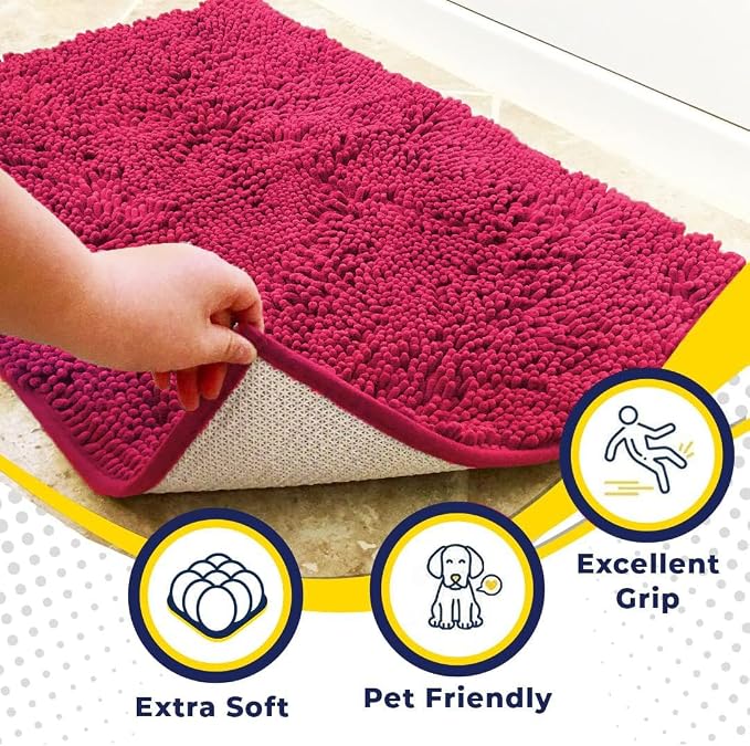 Muddy Mat® | Super Water Absorbent Door Mat Indoor, Microfiber Quick Dry Chenille Entryway Rug, Slip Resistant Front Door Mat, Indoor Mats for Entryway, Machine Washable Pet Rug, Hot Pink 48" x 60"