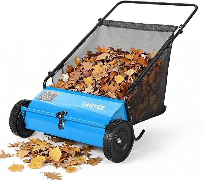 Push Lawn Sweeper 26in,Manual Push Leaf and Grass Sweeper | Heavy Duty Walk-Behind Lawn Sweeper,7ft³Removable Collection Bag,4 Rubber Wheels,Ideal for Garden, Park and Yard