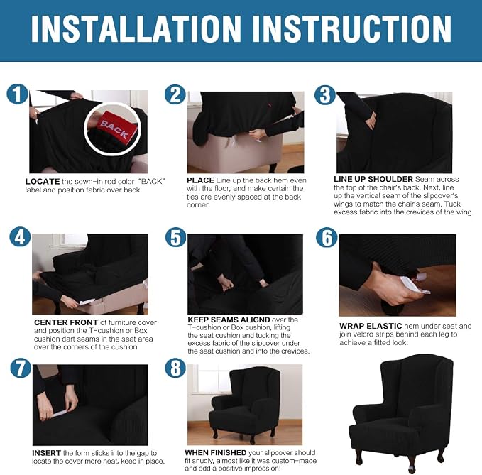 H.VERSAILTEX Wing Chair Slipcover Chair Covers for Wingback Chairs Wingback Chair Covers Slipcovers 1 Piece Stretch Sofa Cover Furniture Protector Soft Spandex Jacquard Checked Pattern, Black