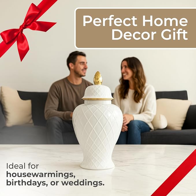 Decorative Ceramic Vase with Lid for Living Room and Home Decor - Elegant Flower Vase Accent for Room, Bedroom, or Office Display - Sculpted Table Accent for House Decoration - 20", White & Gold
