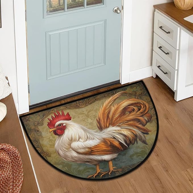Rooster Flower Ethnic Half Round Door Mat Non-Slip Semi Circle Rug Washable Half Moon Floor Rug Absorbent Bathroom Area Rugs for Outdoor Indoor Fireplace Mat Entryway Kitchen Decor Rugs