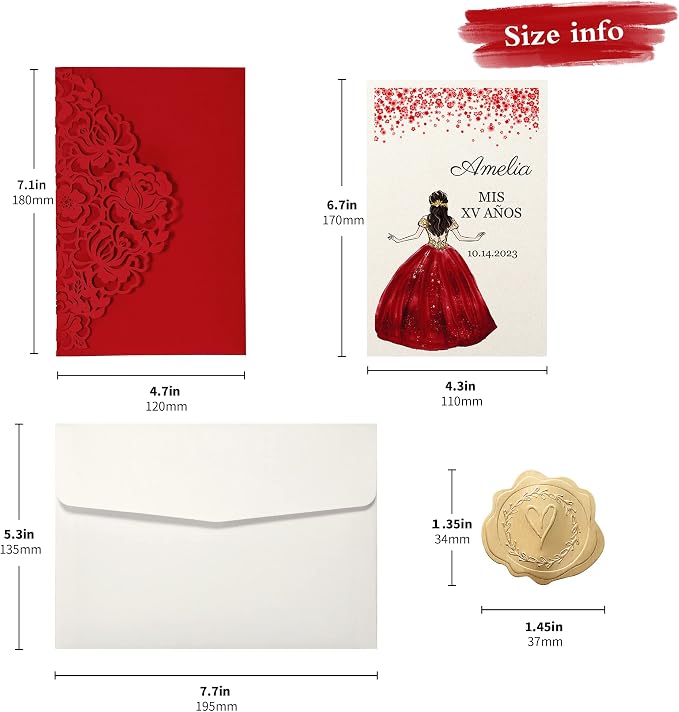 DORIS HOME 50Pcs Personalized Laser Cut Quinceanera Invitations, Red | 4.7"x7.1", Customized Quince Invitations, For 15th Birthday, Sweet 16, With Envelopes