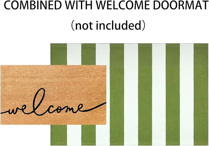 Green and White Layered Doormat 2.3'x3.6,Machine Washable Porch Rug Cotton Woven Striped Farmhouse Small Area Rug for Porch/Home Entrace Decor/Bedroom/Layered Door Mats