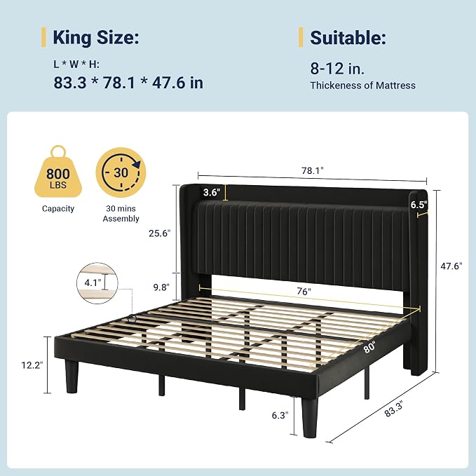 Allewie King Size Platform Bed Frame with USB Charging Station and Storage Shelf/Upholstered Velvet Wingback Headboard/Wooden Slats Support/No Box Spring Needed/Easy Assembly, Black