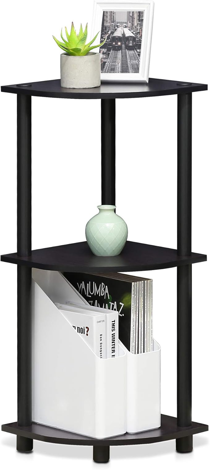 Furinno TURN-N-TUBE Corner Shelf, 3-Tier Corner Bookshelf, Display Storage Shelves with Open Shelves, for Organization and Storage, Living Room, Home Office, Garage, Dark Walnut