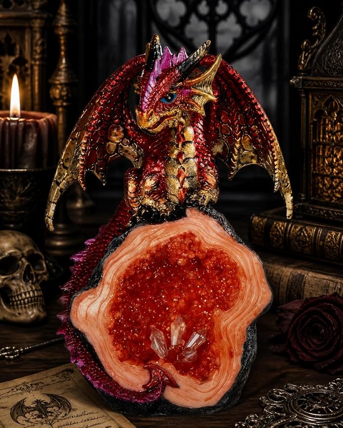 ICE Armor 8" H Red & Orange with Faux Crystal Statue Figurine, Guardian Dragon of The Fiery Crystal Geode - A Fantasy Sculpture of Power and Mystique