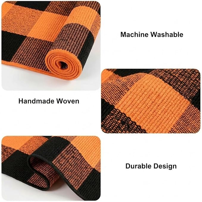 Buffalo Plaid Rug 3' x 5' Orange and Black Front Door Mat Reversible Halloween Doormat Layered Porch Rug Washable Hand Woven Cotton Area Rug for Indoor Outdoor Entryway Patio Porch Decor