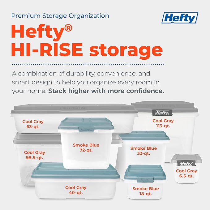 Hefty 6 Pack Lift Off Storage Bin with Lid, 32 Quart, Smoke Blue | Stackable Clear Plastic Container Totes for Home, Office, and Classroom Organization