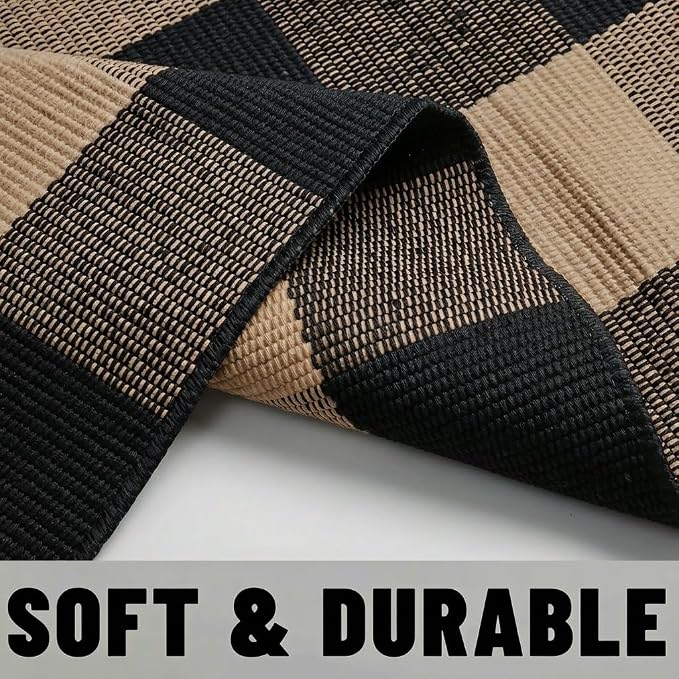 Buffalo Plaid Outdoor Rug 3x5 Ft Coffee and Black Checkered Area Rug Washable Doormats Indoor Outdoor Rugs for Layered Front Door Mats, Porch, Entryway, Kitchen, Farmhouse