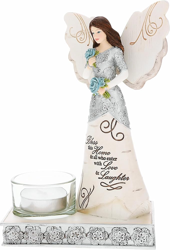 Pavilion Gift Company - Bless This Home - 6.75" Angel Figurine Tealight Candle Holder Religious Bestie BFF Best Friend God Jesus Lover Christian Christ Gift Housewarming Present