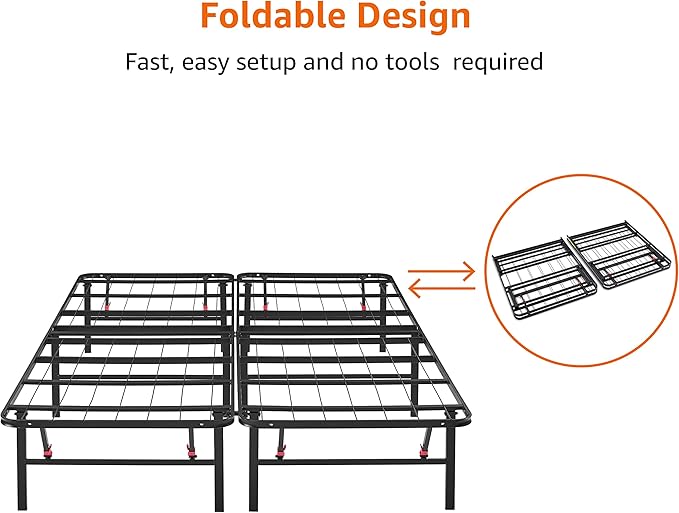 Amazon Basics Bed Frame with Ample Underbed Storage, Foldable Metal Platform, Sturdy Steel, No Box Spring Needed, 14 inches High, Noise-Free Support, Easy Assembly Tool-Free Setup, Full Size, Black