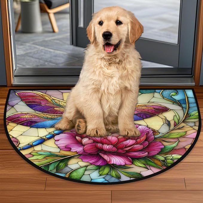 Pardick Half Round Doormat Butterfly Flower Colorful Semi Circle Rug Non Slip Indoor Outdoor Entrance Half Moon Rug Washable Front Floor Mat for Kitchen Bathroom Patio Fireplace Holiday Decor