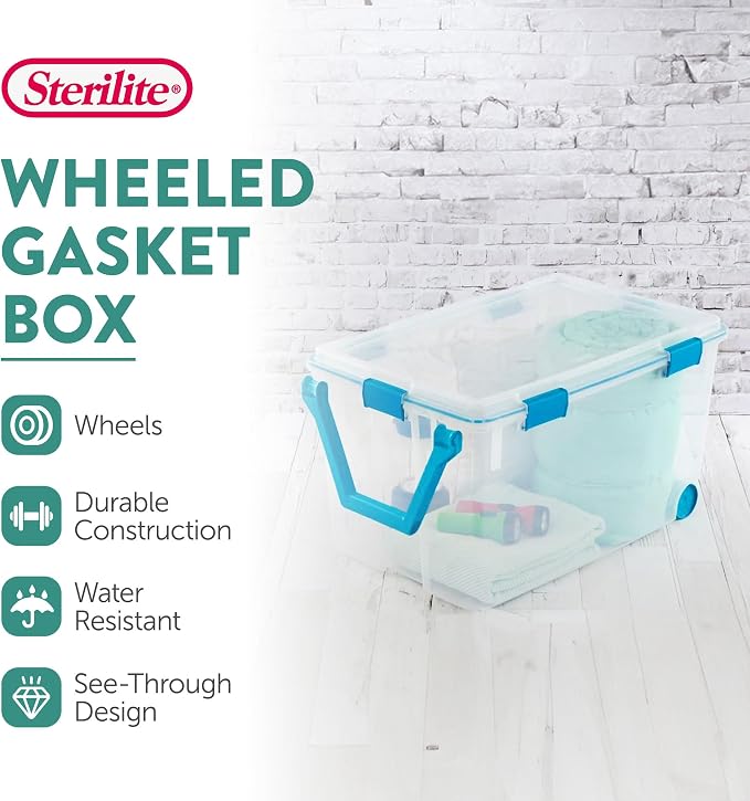 STERILITE 120 QT. Plastic Storage Container with Gasket Latch LID in Clear, 12-Pack | Heavy-Duty, Stackable, and Organizing Containers for Bathroom, Cabinet, Closet, and Garage, Clear and Blue Aquarium Latches