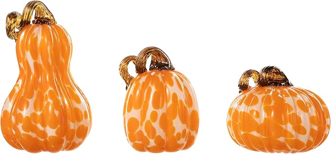 Glitzhome Set of 3 Hand Blown Glitter Glass Pumpkins - Fall Decor for Halloween & Thanksgiving Handmade Table Accent Harvest Home Decor, Orange Dots