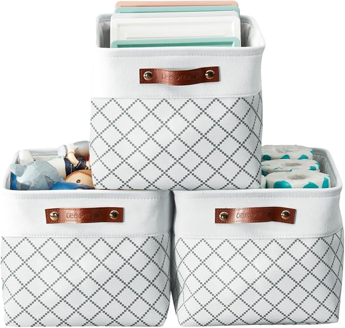 DECOMOMO Storage Bins, Fabric Storage Baskets for Shelves | 3 Pack Linen Closet Organizers for Toys and Nursery (Large, Checkered White)