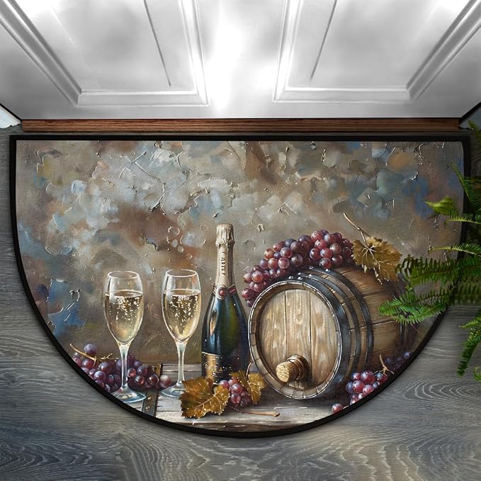 Wine Half Round Doormat Non-Slip Semi Circle Rug Half Moon Mat | Grey Painting Fruit Washable Soft Absorbent Indoor Outdoor Entrance Kitchen Bathroom Sink Patio Welcome Fireplace Floor Rug