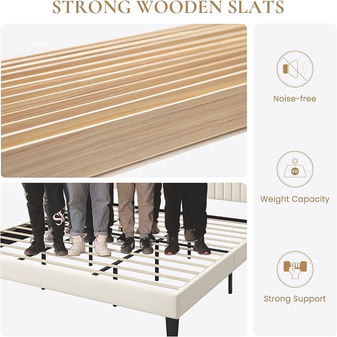 SHA CERLIN King Size Velvet Bed Frame with Shelf, Charging Station, Cream | Wingback Storage Headboard, Upholstered Platform Bed, Wooden Slats Support, No Box Spring Needed, Easy Assembly, Noise Free