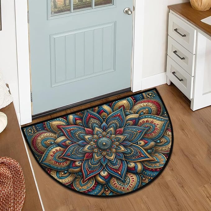 Lotu Half Round Door Mat Semi Moon Rug Fireplace Carpet Area Rugs | Blue Elegant Non Slip Absorbent Half Circle Mat Carpet for Indoor Outdoor Patio Kitchen Bathroom Entryway Home Decor