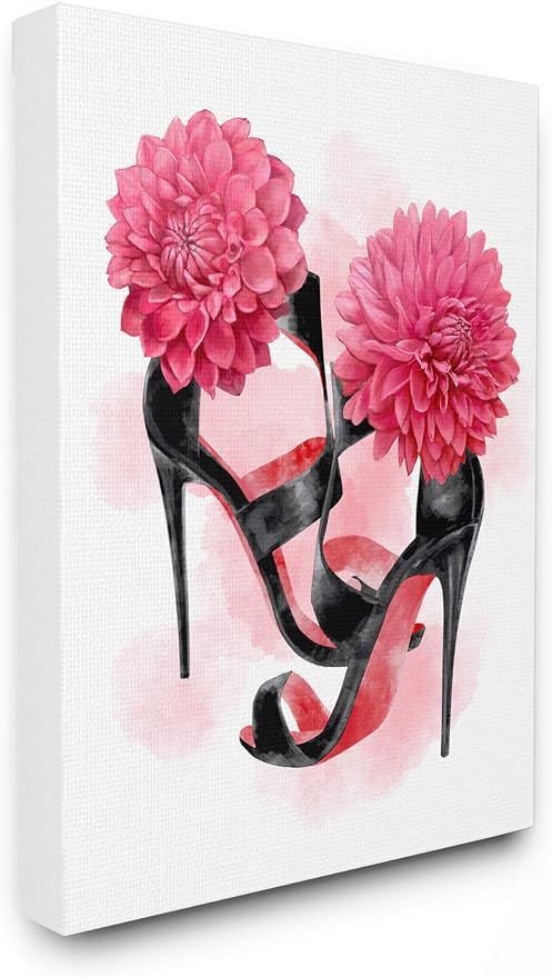 Stupell Industries Pink High Heel Glam Fashion Flower Painting Canvas Wall Art, 36 x 48, Multi-Color
