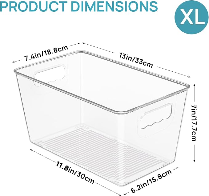 Vtopmart 6 Pack Clear Plastic Storage Bins, Pantry Organizer Containers with Handle for Refrigerator, Fridge, Cabinet, Kitchen, Countertops, Cupboard, Home Organization and Storage, XL