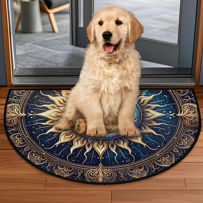 Ethnic Sun Boho Half Round Door Mat Non-Slip Semi Circle Rug Washable Half Moon Floor Rug Absorbent Bathroom Area Rugs for Outdoor Indoor Fireplace Mat Entryway Kitchen Decor Rugs