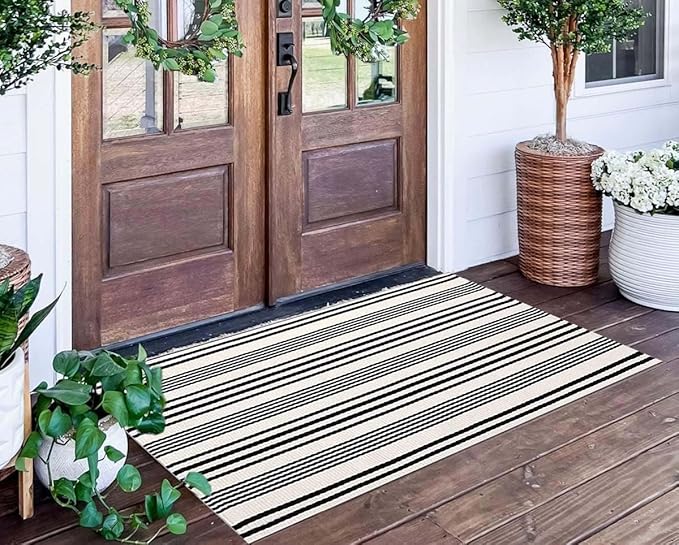 Black and White Striped Outdoor Rug 24'' x 51''Farmhouse Front Porch Rug Hand-Woven Machine Washable Layered Door Mats for Entryway/Bedroom/Patio/Porch Decor