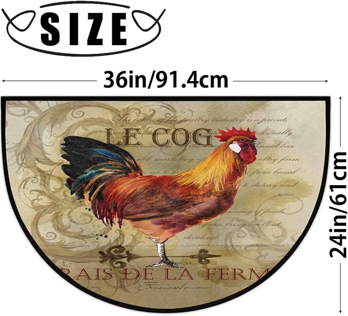 Vintage Rooster Half Round Doormat Vintage Animal Rooster Non-Slip Semi Circle Area Rug Durable Washable Ha;f Moon Rug Floor Mat for Indoor Outdoor Living Room Bedroom Kitchen Floor Home Decor