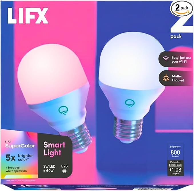 LIFX Color Smart Light Bulbs (2-Pack) A19 E26, Matter Compatible RGB + Tunable White (800 Lumens), WiFi Dimmable Color Changing (2.4GHz), Compatible with Apple HomeKit, Alexa & Google