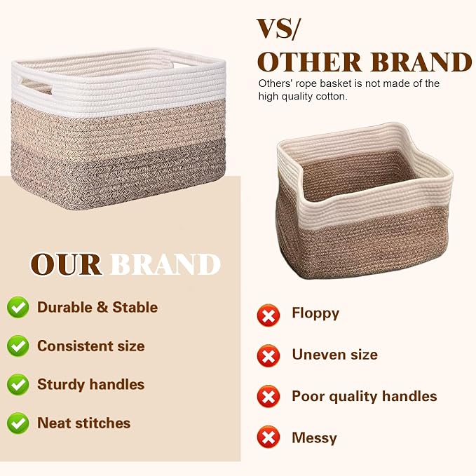 Storage Baskets for Organizing, 4 Pack Baskets for Shelves, Decorative Storage Bins for Shelves, Cotton Rope Storage Basket with Handles, Woven Basket for Storage, 13''Lx8.7''Wx7.9''H, Gradient Brown