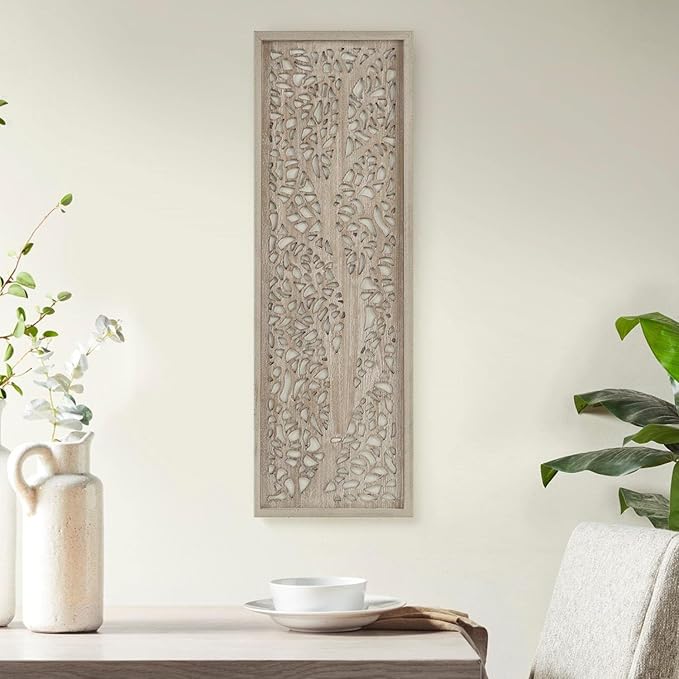 Madison Park Laurel Wall Art - Laser Cut Carved Botanical Tree Branches, Genuine Fir Wooden Framed, Rustic Finish - Modern Farmhouse Décor for Living Room, Ready to Hang Panel, 12 x 36", Grey